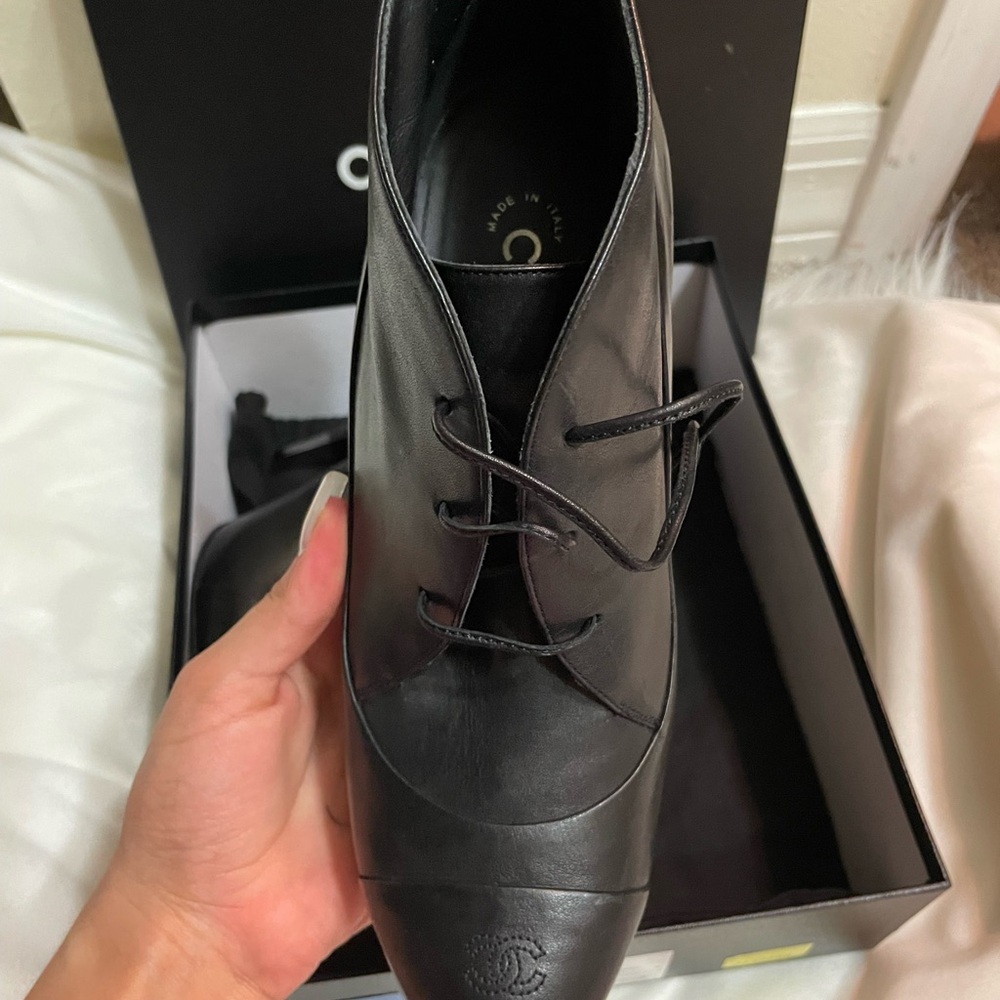 Chanel Black Oxfords Sleek Leather Design high heel boots - Picture 2 of 7